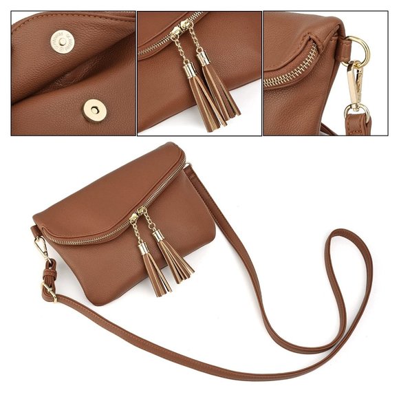 Purse Double Tassel Zippers Lightweight Flapover Handbag with Wristlet Strap CA - Picture 4 of 7